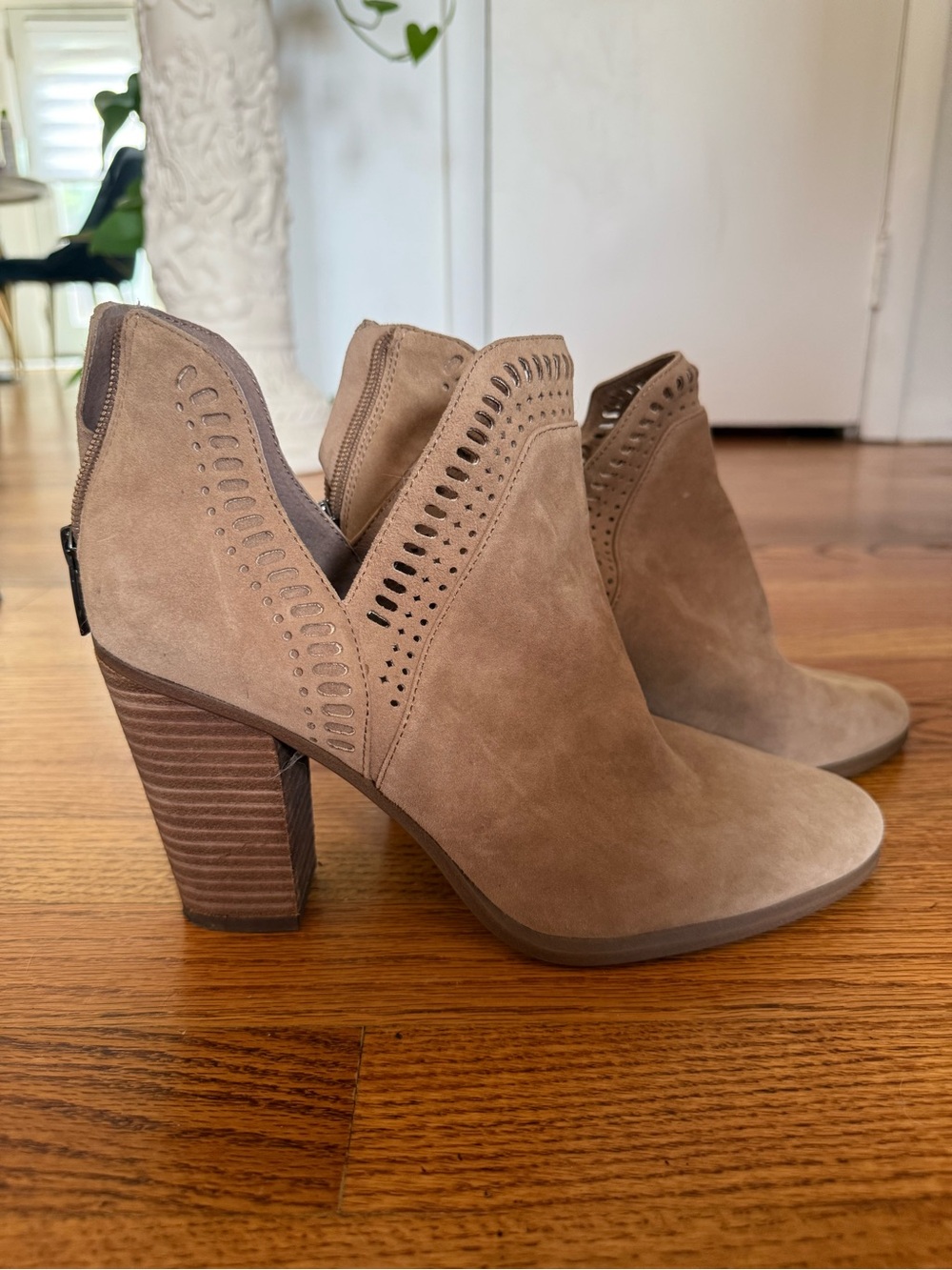 Vince Camuto Taupe Suede Cutout Ankle Booties